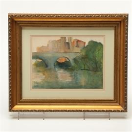 Framed Jane W. Williams Pastel on Paper: A pastel painting by the artist Jane W. Williams. This piece features a soft detailed landscape of a bridge in front of a city from a perspective on the river. The artist’s signature and year of creation is present on the bottom right corner of the piece is which is presented behind glass in an acanthus pattern wooden frame with a wire hanger on the verso.