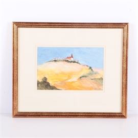 Jane W. Williams Pastel Drawing of a Landscape "Time Stood Still": A chalk pastel drawing on paper of a landscape scene by Jane W. Williams titled Time Stood Still. This pastel drawing depicts a hill with a village featuring red roofs at its top. The drawing is presented under glass with beige and tan matting and is signed by hand and dated “1985” to the lower right. The drawing is encompassed by a wood frame with hanging wire and a label which reads “Time Stood Still Rhone River Valley” on its verso.