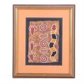 Helen Robertson Oil on Canvas "Snake and Emu Dreaming": An oil painting titled Snake and Emu Dreaming by Helen Robertson. This oil painting depicts geometric shapes, a black and yellow snake, and emu heads, comprised of colored dots. The images are presented over black and an abstract background on canvas board, presented under glass with cream colored and dark brown matting. The painting is encompassed by a wooden gold tone frame with hanging wire and an attached note which reads “Snake and Emu Dreaming Helen Robertson Alice Springs, New Territories Australia” to its verso.