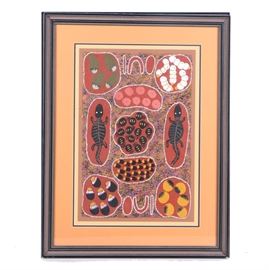 Audrey Nugarrai Acrylic Folk Painting on Canvas Board: An acrylic on canvas board by Aboriginal Folk artist Audrey Nugarrai. This painting is titled Women Digging for Goanna, Honey Ants, Witchty Grubs, Getting Bush Seed and Bush Bananas. It is presented under yellow mat and behind glass, in decorative frame. The piece includes title label and wire on verso.