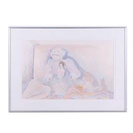 Jane W. Williams Oil on Paper "Memorabilia": A Jane W. Williams oil on paper titled Memorabilia. This painting depicts abtract figures in shades of blue appearing to be in water with a white seashell and orange coral beneath the figures. The piece is signed to the center and presented under glass and white matting. The painting is encompassed by a silver tone metal frame with hanging wire and an attached note which reads “JWW Special Recognition Award 1983-84 7th Annual Germantown Art League Exhibition” to its verso.