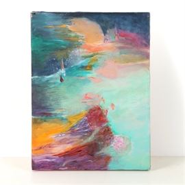 Oil on Canvas: An oil painting. This piece depicts an abstract landscape that is presented with a mix of colors with high and low saturation. The piece is unsigned and is presented on a canvas board.