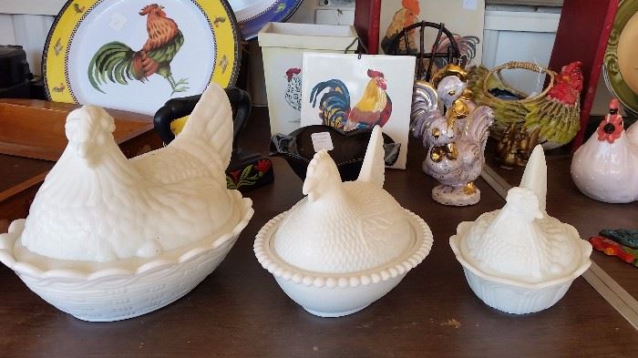 milk glass hens roosters and chickens