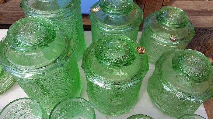 tiara green glass canisters