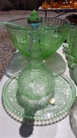 tiara green glass decanter set and punch bowl