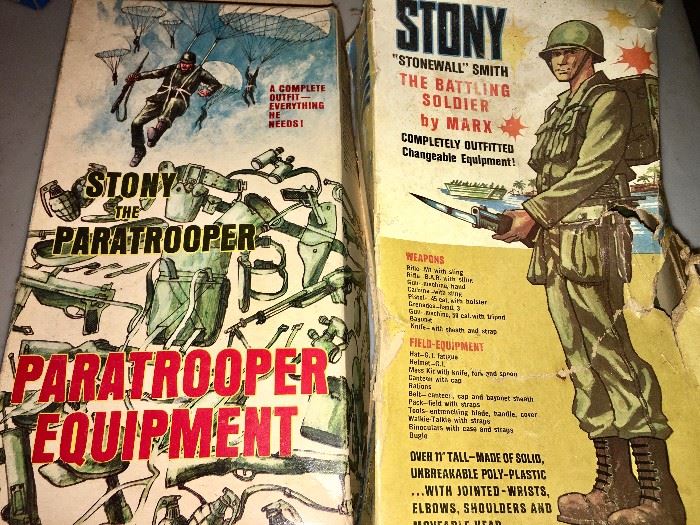 Stony the Battling Soldier, by Marx, in original box plus, on left, his equipment