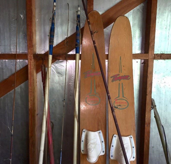 Wooden skis and boat-pole holders