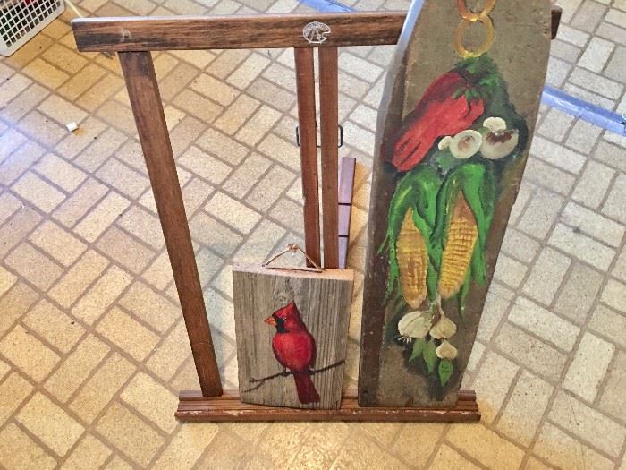 Antique easel and painted-wood decor