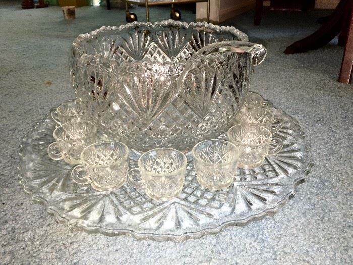 Smith Glass (Birmingham) punch bowl and base platter, plus glass ladle and 12 cups, found in original box in attic