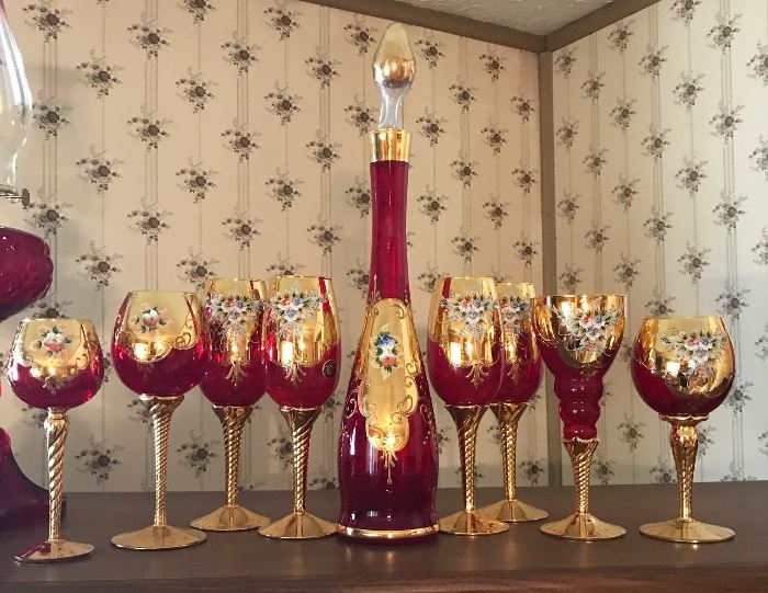 Vintage Murano or Bohemian Ruby Red Glass Decantet and goblets