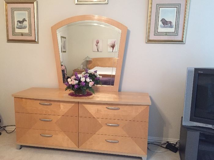 Dresser and mirror, part of 8 piece bedroom furniture made in Italy 