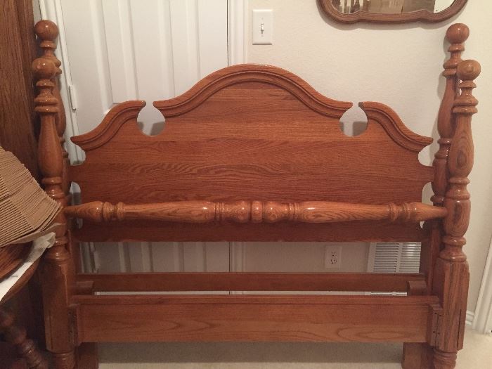 Vintage Queen Oak Bed with railings and matching step bench