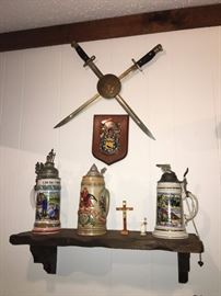 Sword Decor. Beer Steins with Lids. Family Heritage Estate Sales, LLC. New Jersey Estate Sales/ Pennsylvania Estate Sales.