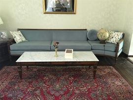 Unique Soft Blue Upholstered Sofa. White Marble Top Coffee Table. Family Heritage Estate Sales, LLC. New Jersey Estate Sales/ Pennsylvania Estate Sales.
