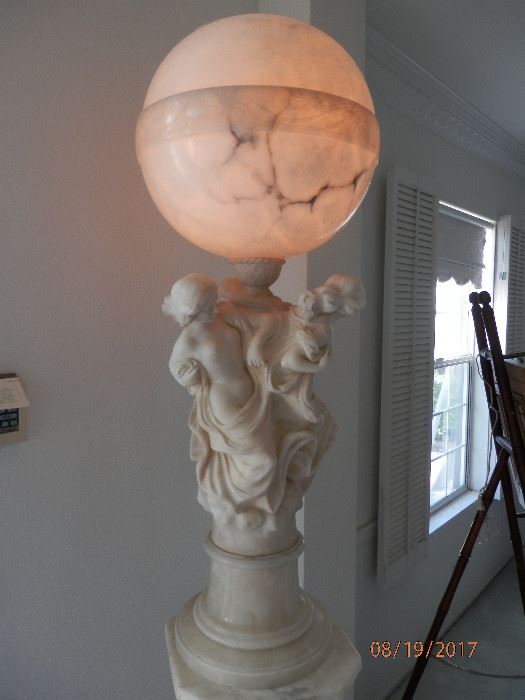 Solid Marble sculpture Greek lamp.  Sits on solid white marble column.