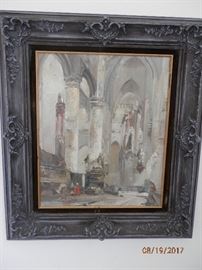 Oil on canvas signed...appears to be inside a cathedral