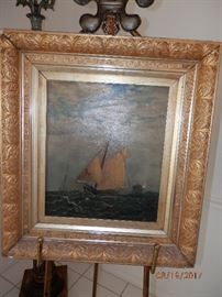 1894 ship painting...oil on canvas.  Rear of canvas identifies 19th art supply company from NY where canvas was purchased.  