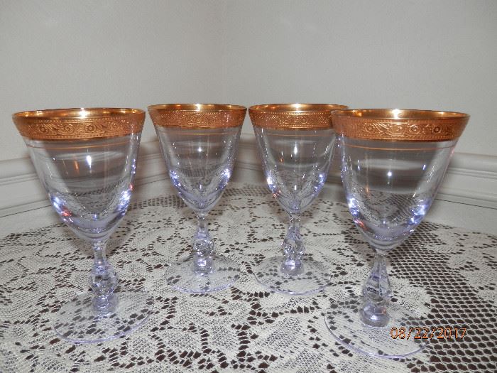 4 Tiffin "Minton" Gold encrusted / Blue optic wine glasses.....also extremely rare.