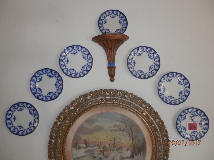 7 Ridgeways porcelain FLOW BLUE plates with gold filagree...Art below is a chalk "Pastel"  winter scene.