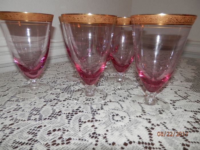 6 Tiffin "Minton" gold encrusted with cranberry glass optic, crystal Ice Tea / water goblets....one has chipped foot.  EXTREMELY RARE.