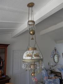 Converted hanging oil lamp, 66 hanging crystals and a hand painted shade....could be from Miller Mfg.