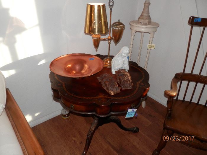 Scalloped leather top drum table with carved legs,  all brass student lamp