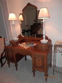 1920's vanity with mirror and matching pair of candlestick lamps