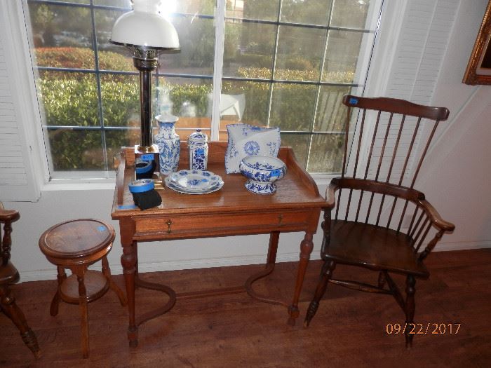 Nice antique spreader table with drawer and back splash, ...pair of antique Windsor chairs