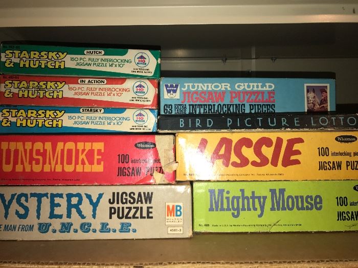 Vintage puzzles including Starsky and Hutch, Gunsmoke, Lassy, Mighty Mouse and more.