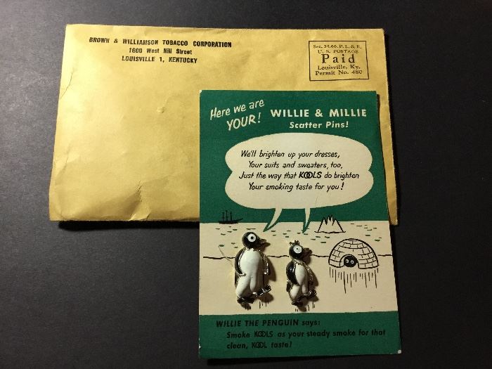 Willie and Millie vintage advertising pins for Kools Tobaacco in brand new condition complete with envelope they were mailed in!