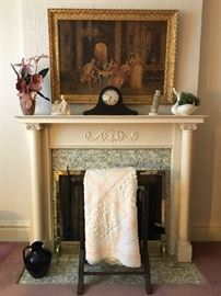 Chenille Blanket, Ansonia Mantle Clock, Quilt Holder, Framed Oil on Board & More