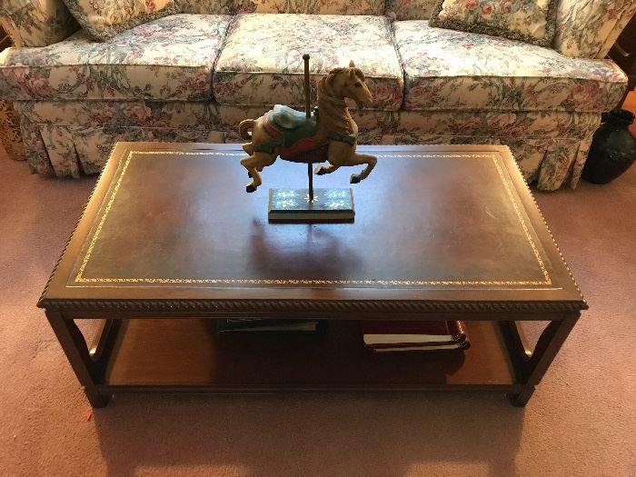 Vintage Tooled Leather Inset Coffee Table, Carousel Horse Figure