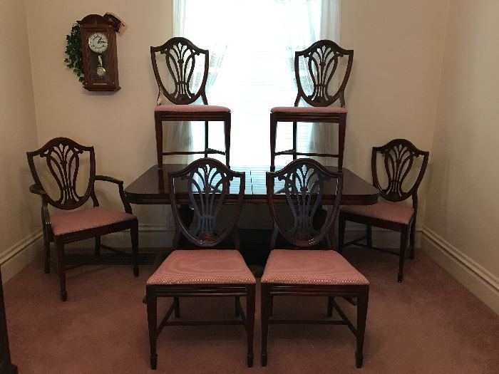 Duncan Phyfe Style Dining Room Table with Six Shield Back Chairs, Three Leaves & Pads