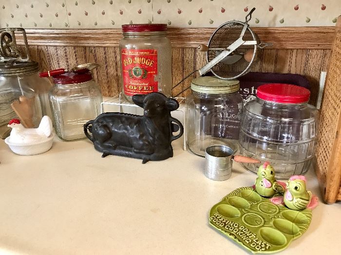 Vintage Large Glass Jars, Cast Iron Sheep Mold & More