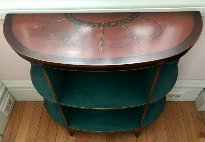 Vintage Half Moon Display Shelf / Console, Hand Painted with Teal Interior