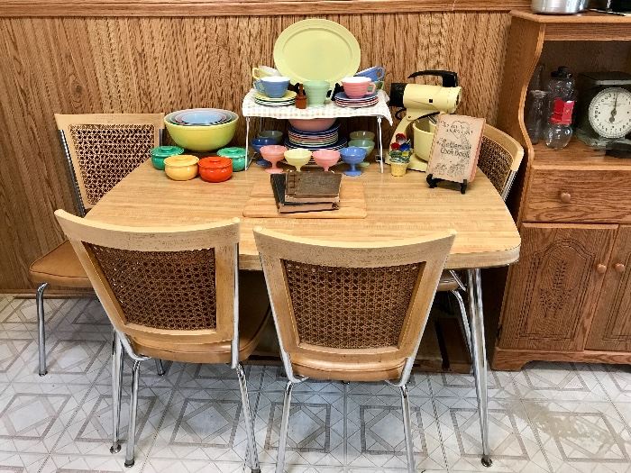 Vintage Kitchen Table with Four Chairs & Two Leaves, Primary Colors Pyrex Bowl Set, Fiestaware & more