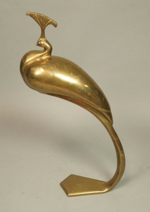 Lot 8 Modernist Brass Figural Peacock Sculpture. Standi