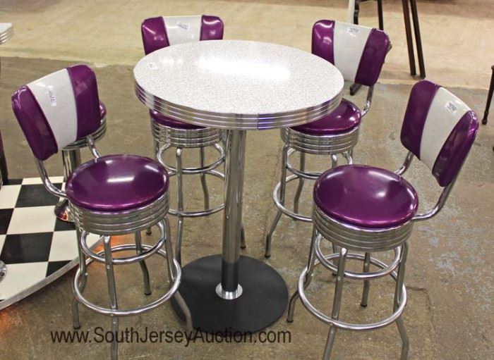  Super Cool – (see video)

1950's Retro Vintage Style Bar on black and white on lighted floating wheeled floor. 

The 2 door bar has 5 attached swiveling stools 

Also has 5 Piece Pub Set with swiveling bar stools.

Vitro Seating Products made in the USA 