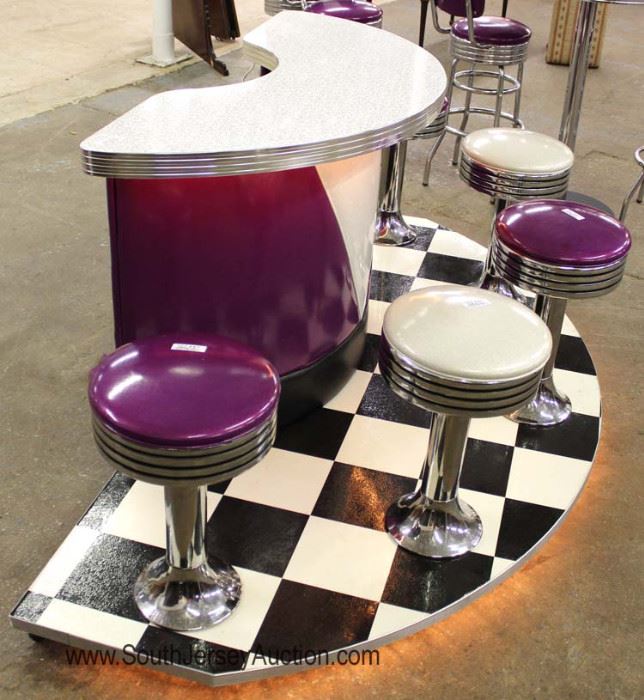  Super Cool – (see video)

1950's Retro Vintage Style Bar on black and white on lighted floating wheeled floor. 

The 2 door bar has 5 attached swiveling stools 

Also has 5 Piece Pub Set with swiveling bar stools.

Vitro Seating Products made in the USA 