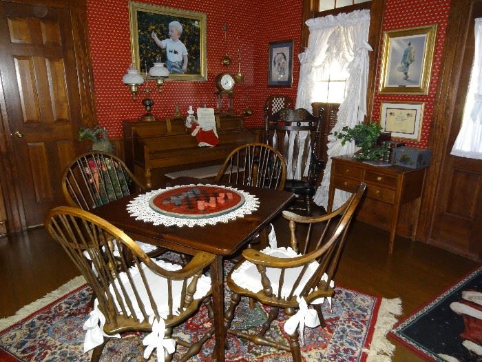 One of the Several Habersham Plantation Pieces: Solid wood table, with drawer, and four comfortable chairs.