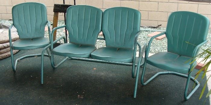 !930's set of patio metal chairs and glider