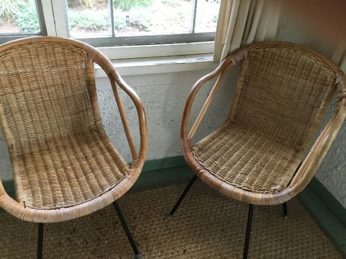 Midcentury iron and wicker chairs
