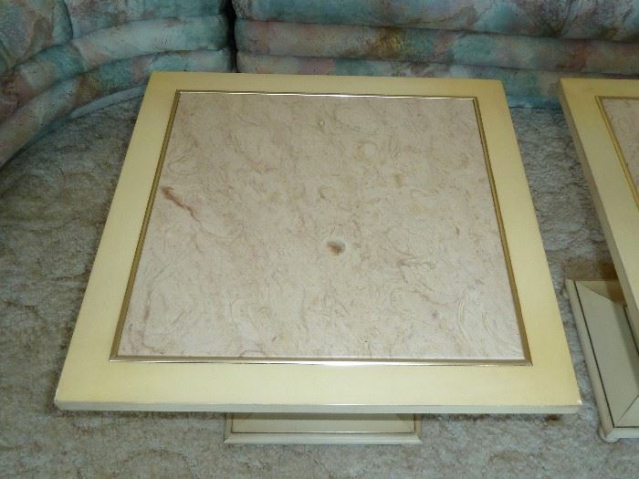 Two end tables (or use together in place of coffee table), marble insert tops with pedestal bases, 20" square.