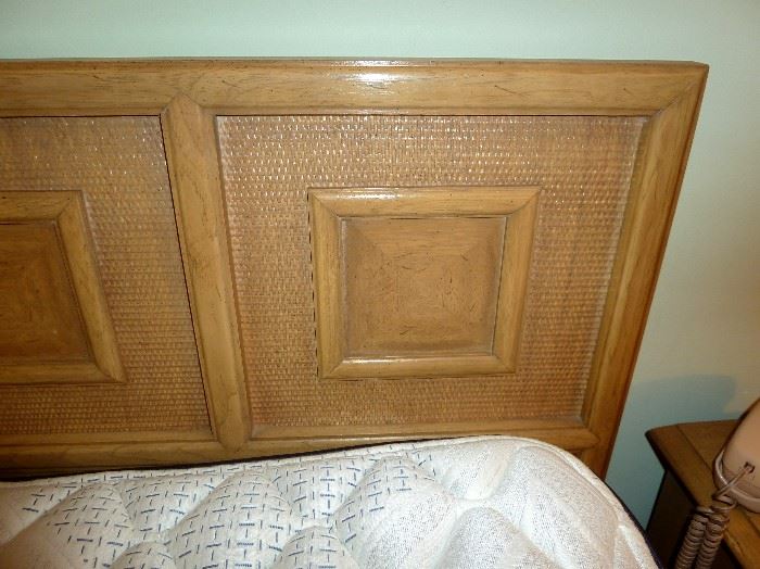 Thomasville king size bed, solid wood headboard. Comes with frame, mattress and box spring (Beauty Rest).