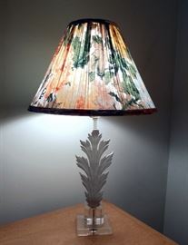 Lucite and metal dresser lamp with floral shade