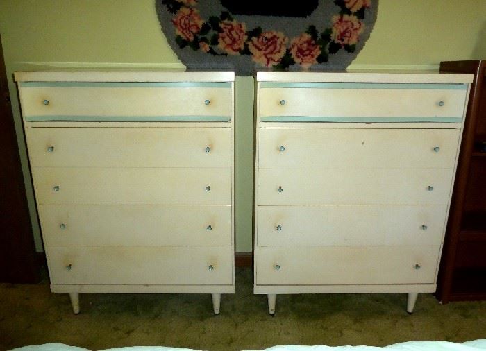 Two Mid Century Modern white chests with 5 drawers  by Bassett