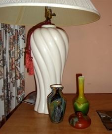 Ceramic lamp, small pottery vases.