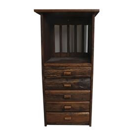 Rustic Entertainment Cabinet with Storage: A rustic entertainment center with storage. This piece features five drawers beneath an open entertainment shelf. It is fashioned from red cedar and has cedar drawer pulls. It has an open back with vertical wooden accents.