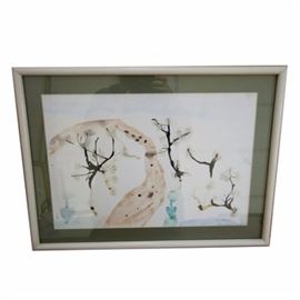 Elizabeth Crocker Child's Watercolor Painting: An original 1984 child’s intuitive watercolor painting on paper by a 7-year-old artist named Elizabeth Crocker. This earnest, autonomous work depicts non-objective shapes and marks rendered in thin washes and opaque, wispy, black branch-like appendages. These forms appear to resemble flowers, trees, and water. The artist’s name is marked to the lower right, as well as inscribed to the verso with the date and age of the artist. The painting is mounted behind coordinating mat, under glass in a rounded white frame, equipped to hang.