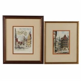 Hand Colored Etching and Offset Lithograph of the Kammerzell House: A pair of prints on paper including a hand colored etching and an offset lithograph. The etching depicts a street view with a shop sign hanging over the sidewalk in the foreground, rendered in expressive marks and a warm color palette. The print is signed and titled illegibly in pencil beneath the image. The offset lithograph depicts the medieval Gothic architecture of the Kammerzell House in Strasburg. It is signed “Raphael” in plate. Both prints are presented under layered mats and glass, in wood frames with hanging wire affixed to the versos.